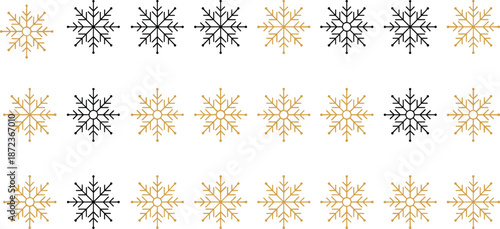 Black and gold snowflake icon grid, 30 symmetrical winter crystal designs in alternating elegant vector style
