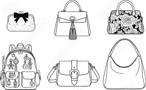 Black and white fashion bag icon set, 6 illustrated styles including clutch, backpack, floral handbag, and buckle satchel