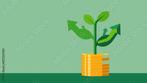 Growing Plant With Upward Arrows On Coin Stack