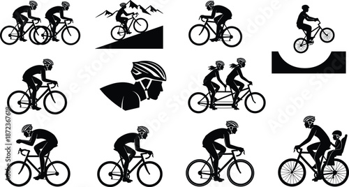 Cyclist silhouette icon set, 12 black vector illustrations of biking styles including racing, tandem, BMX, and family ride