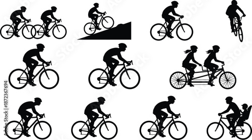 Cyclist silhouette icon set, 12 black vector illustrations of biking styles including wheelie, tandem, uphill, and family ride