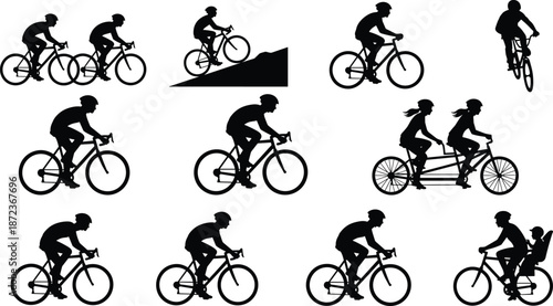 Cyclist silhouette icon set, 12 black vector illustrations of biking styles including tandem, uphill, solo, and family ride