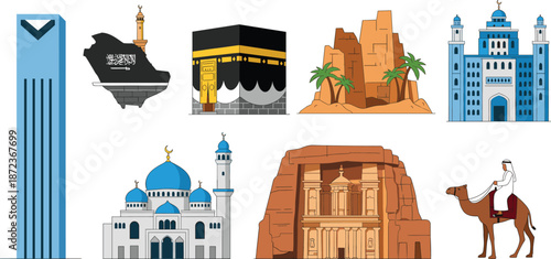 Islamic Religious and Cultural Landmark Vector Set Featuring Kaaba, Mosques, Minarets, Desert Architecture, Pilgrimage Symbols, and Middle Eastern Travel Illustrations