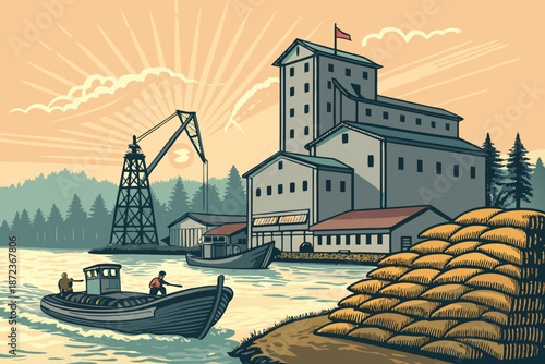 Ancient River Delta Grain Tax Depot Vec