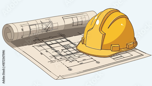 Construction Helmet on Building Blueprints