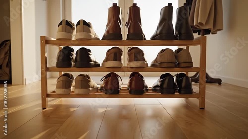 Wooden Shoe Rack Organizer with Assorted Footwear in Home Interior