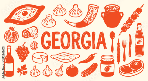 Georgia Icon Set. Georgian Food. A hand drawn vector collection of khachapuri, khinkali, wine, shish kebab and traditional items for a Caucasian restaurant menu and travel guide.