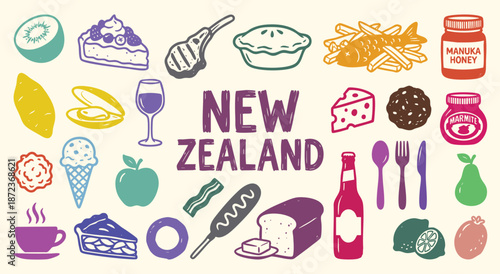 New Zealand Icon Set. Kiwi Food. A colorful vector collection of lamb, fish and chips, pavlova, kiwi fruit and honey for a travel guide, restaurant menu, and tourism flyer.