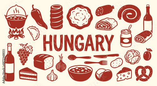 Hungary Icon Set. Hungarian Food. A hand drawn vector collection of goulash, paprika, wine, chimney cake and traditional items for an Eastern European restaurant menu and travel guide.