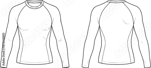 Technical fashion illustration, fitted long sleeve shirt, raglan sleeve design, front and back view, apparel sketch, garment construction detail