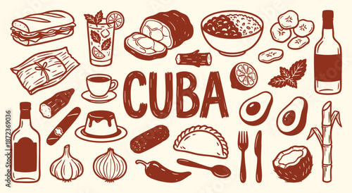 Cuba Icon Set. Cuban Food. A hand drawn vector collection of cuban sandwich, rum, mojito, coffee, cigars and tropical items for a Caribbean restaurant menu and travel guide.