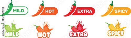 Spicy chili pepper level labels and heat scale icons set
