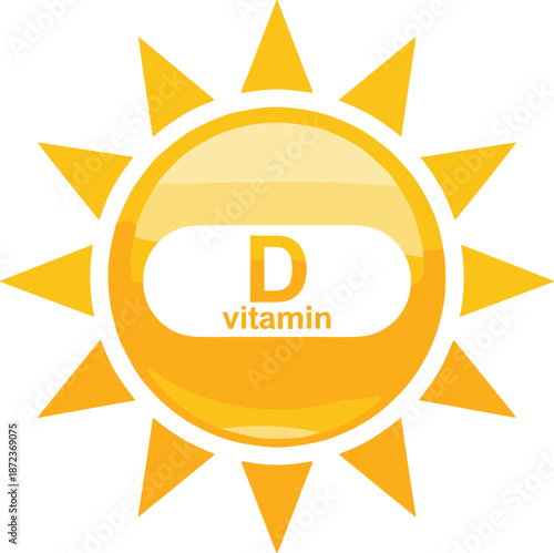 Vitamin D sun icon, capsule center, bold orange text, sunlight health symbol, supplement concept, wellness vector, nutrition graphic design
