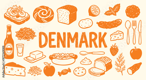 Denmark Icon Set. Danish Food. A hand drawn vector collection of smørrebrød, pastry, meatballs, beer and traditional items for a Scandinavian restaurant menu and travel guide.