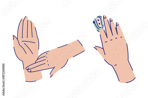measuring blood pressure with a hand on the wrist and a pulse oximeter on the finger, a medical examination