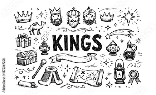 Hand-drawn doodle collection featuring kings, crowns, camels, and gifts