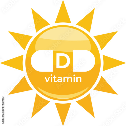 Vitamin D sun icon, stylized capsule, glossy rays, health symbol, sunlight nutrition graphic, supplement concept, wellness vector design
