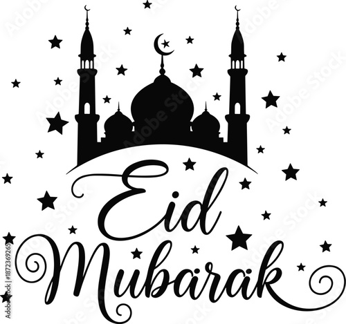 Eid Mubarak Greeting Graphic Featuring a Mosque Silhouette with Minarets and Domes Surrounded by a Field of Stars for Islamic Holiday Celebrations Muslim Festival Decor and Religious Vector Art