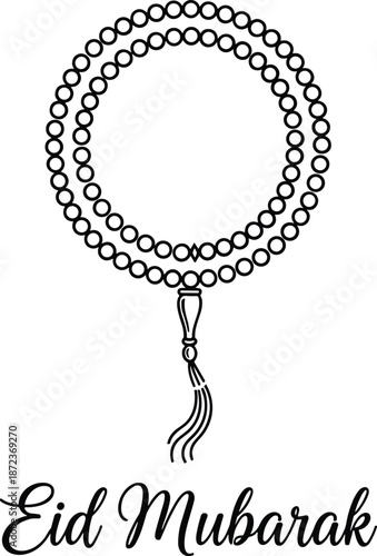 Eid Mubarak Greeting Graphic Featuring a Circular Set of Islamic Prayer Beads with Tassel for Religious Celebrations Muslim Festival Decorations and Minimalist Vector Line Art