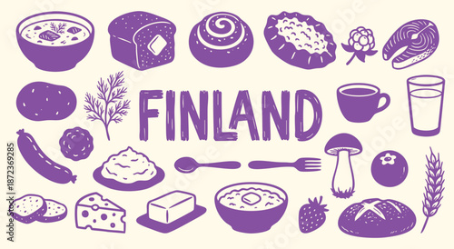 Finland Icon Set. Finnish Food. A hand drawn vector collection of salmon soup, rye bread, cinnamon roll, berries and coffee for a Scandinavian travel guide and restaurant menu.