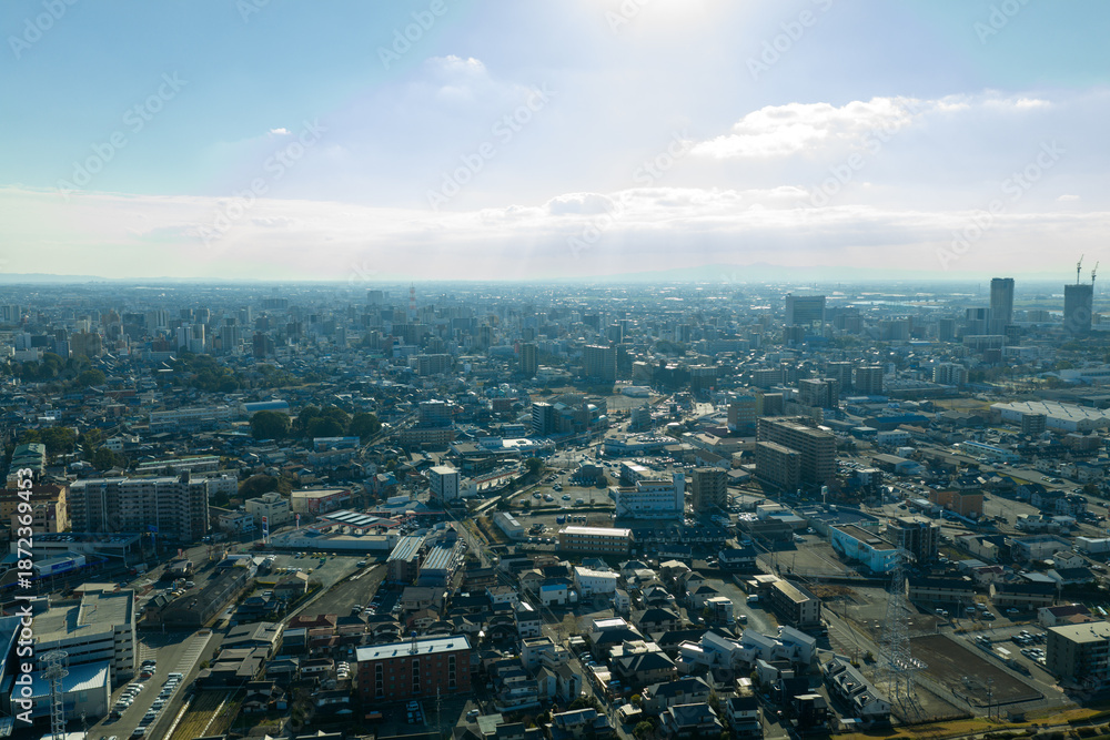 Fototapeta premium Aerial view of residential area and cityscape in Kurume, Fukuoka, Japan.