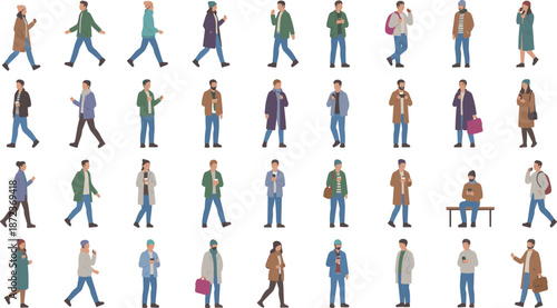 Winter character illustration set, mobile phone usage, diverse poses, coats hats scarves, everyday tech behavior, urban lifestyle vector