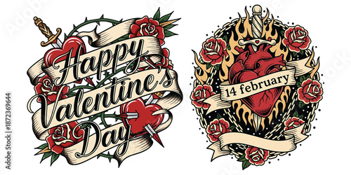 Old school tattoo style heart with roses dagger and banner saying happy valentines day and 14 february