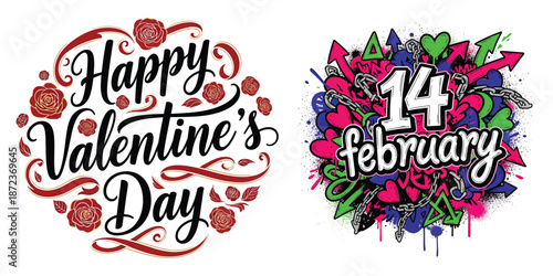 Happy Valentines day elegant roses and graffiti 14 february vector