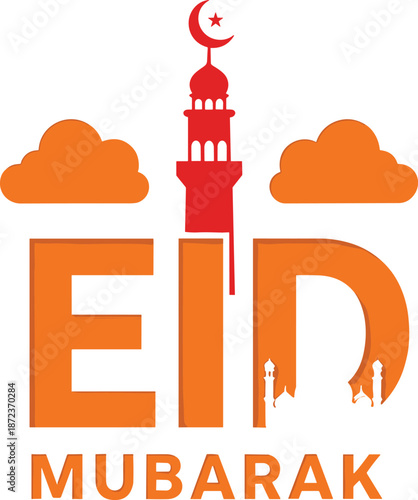 Eid Mubarak Greeting Design Featuring Bold Orange Typography with Integrated Mosque Minaret Silhouette Red Crescent Moon and Clouds for Islamic Holiday Decorations and Muslim Festival Vector Art