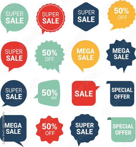 Set of colorful sale and discount speech bubble badges and labels for promotion