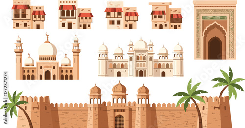 Islamic Architecture Landmark Vector Set with Mosques, Historic Buildings, City Houses, Fort Walls, and Ornamental Arches for Cultural Design Projects