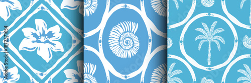 Retro marine theme seamless pattern, texture background set. Palm tree, seashell, water lily Trendy swimwear design, ornament print , banner, wrapping paper, greeting card