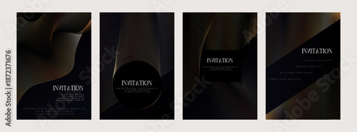 Golden Luxury invitation template card, Premium geometric figure wave gold frame typography design. Elegant background for advertising, gala card, grand opening, party invitation, layout set