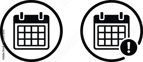 Black calendar icon set with exclamation mark alert symbol for urgent appointment scheduling deadline reminder and event notification.