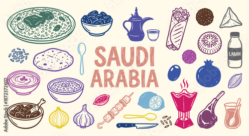Saudi Arabia Icon Set. Arabian Food. A hand drawn vector collection of kabsa, dates, shawarma, coffee, spices and traditional items for a Middle Eastern restaurant menu and travel guide.