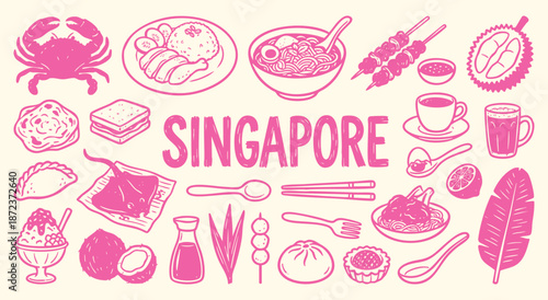 Singapore Icon Set. Singaporean Food. A hand drawn vector collection of chili crab, chicken rice, satay, durian and traditional dishes for an Asian restaurant menu and travel brochure.