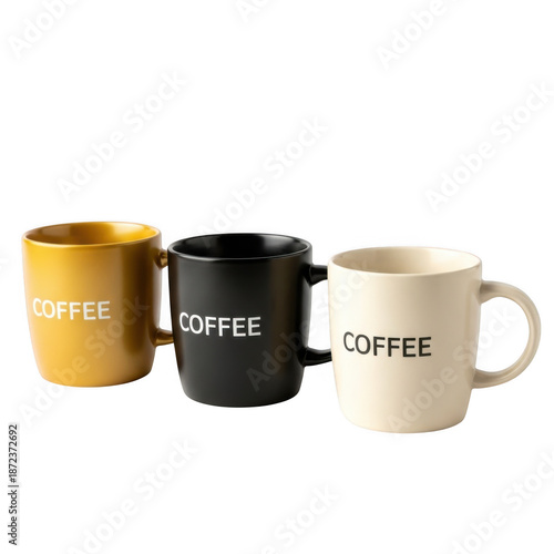 Three coffee mugs with 'coffee' text isolated on transparent background isolated on transparent background