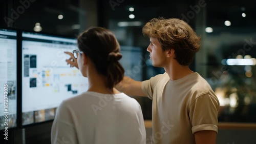 A scalable app development meeting where UX designers and engineers discuss feature expansion over a digital roadmap displayed on large screens — software planning, modular design, and high-growth