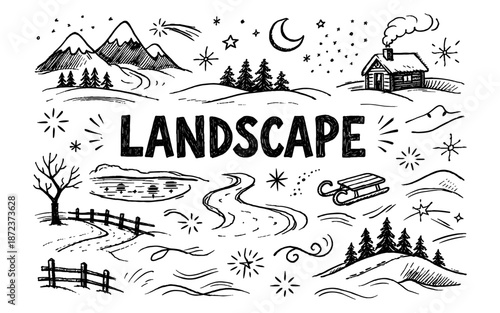 Whimsical hand-drawn winter landscape elements and the word landscape