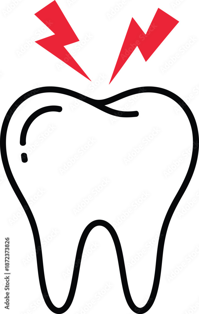 Obraz premium Tooth Ache Icon with Red Pain Lightning Symbols Minimalist Dental Vector