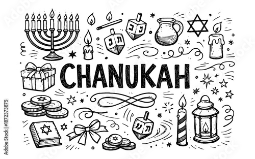 Happy Chanukah doodle art with menorah, dreidels, gifts, and stars