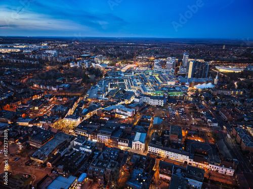 Elevated twilight capture of Basingstoke's town centre with commercial and residential areas