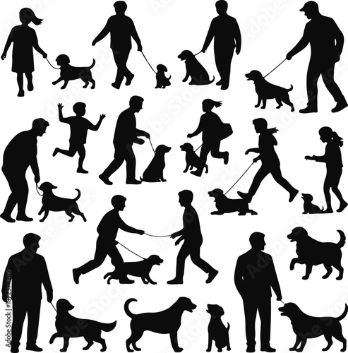 Vector silhouettes of people walking and playing with dogs, set of men, women, and children with pets on leashes, isolated on white background