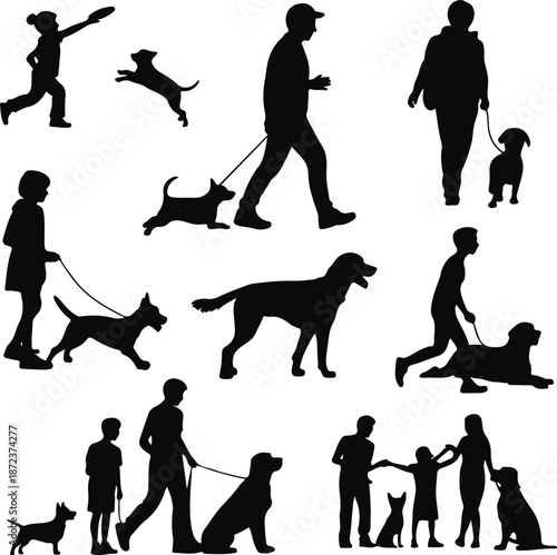 Silhouettes of People Walking Dogs, Families Playing with Pets, and Canine Activities Set