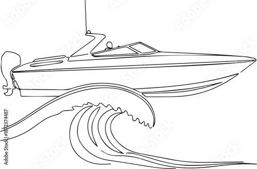 Speedboat riding dynamic ocean wave with motion lines
