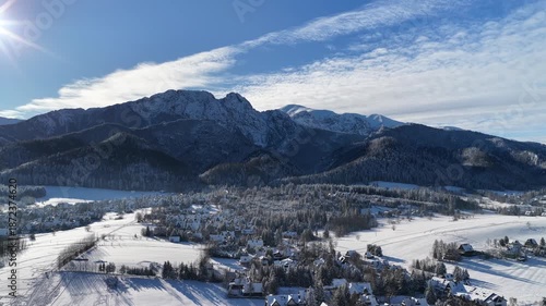 Forest mountains winter landscape Zakopane Poland aerial drone footage 4k 
