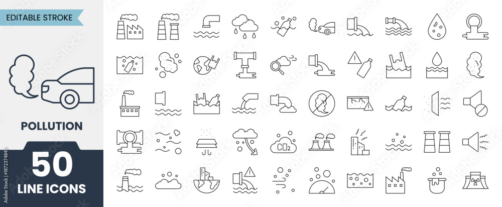 Fototapeta premium Pollution line icons set with editable stroke. Contains icons related to&nbsp;gas, toxic, water pollution, trash, industrial pollution and more. Vector illustration