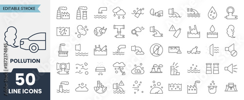 Pollution line icons set with editable stroke. Contains icons related to gas, toxic, water pollution, trash, industrial pollution and more. Vector illustration