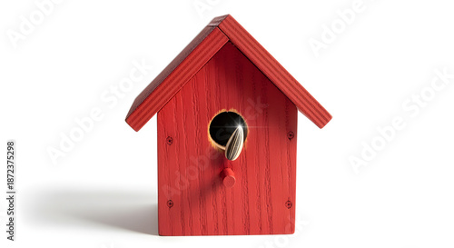 A classic, red wooden birdhouse with a single seed perched at its entrance hole, isolated on a clean white background.