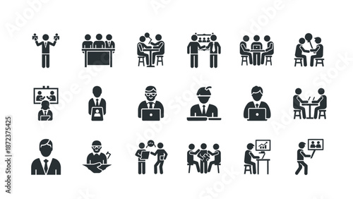 Simple vector icon set of business people showing teams, families, managers, and office workers in pictogram style illustration